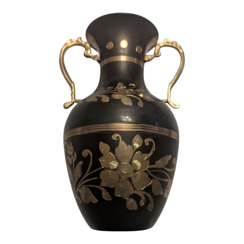 Vintage 80s Solid Brass Etched With Black Finish Double Handled Vase 10" Tall